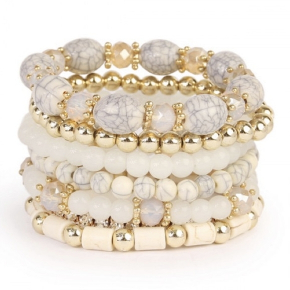 Last 2! Cream and Gold Toned Stacking Bracelets w/Natural Howlite Oval Stones - Picture 3 of 4